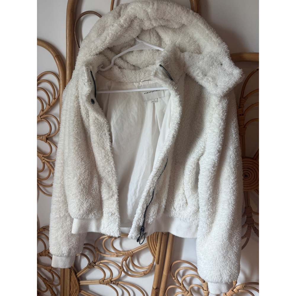 Aeropostale Womens White Sherpa Faux Fur Hooded Zip Up‎ Jacket Small Bomber Cozy